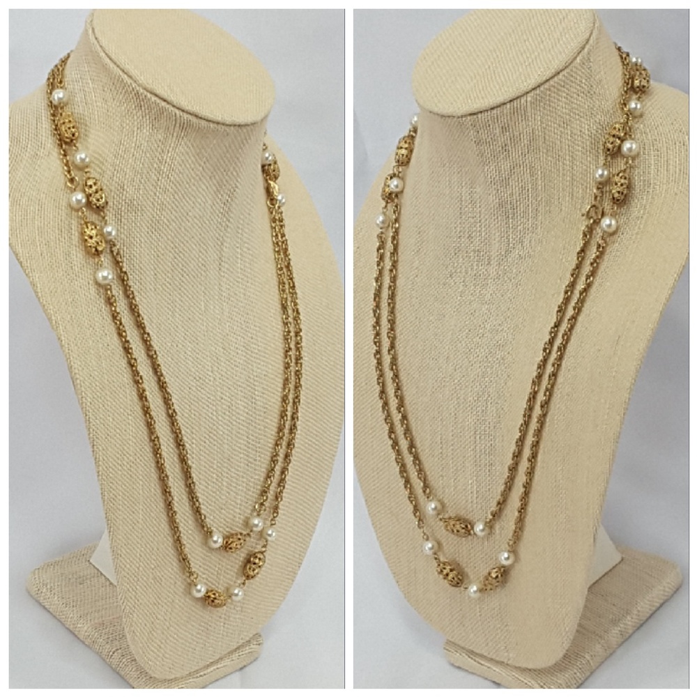 Extra long goldtone beaded necklace